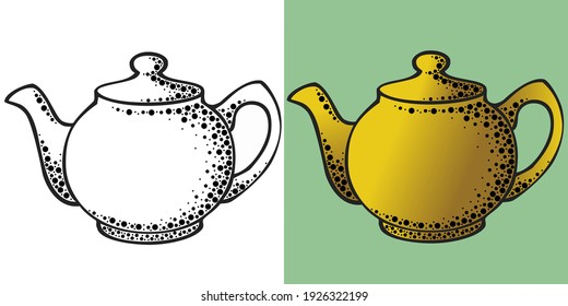 Vector illustration, Round teapot in black and white and color