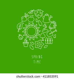 Vector illustration of round vignette of gardening symbols and icons, outline linear drawing with copy space