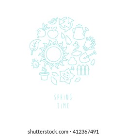 Vector illustration of round vignette of gardening symbols and icons, outline linear drawing with copy space