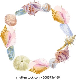 Vector illustration of round watercolor composition of seashells isolated on white background.