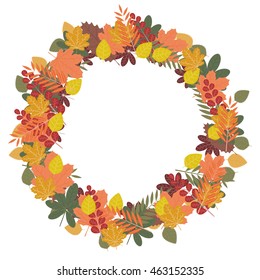 vector illustration round wreath of autumn leaves yellow green red brown color on a white background