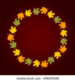 Ilustración vectorial de la corona redonda de otoño deja color amarillo rojo oscuro en un fondo oscuro. Se puede usar en venta banner, web, tarjeta de agradecimiento