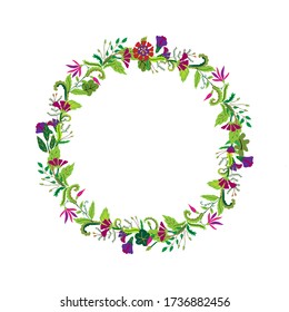 Vector illustration of a round wreath of forest herbs, flowers, mosses, lichens, twigs, leaves. Botanical design on a white background of isolated elements. Wild plants are drawn by hand.