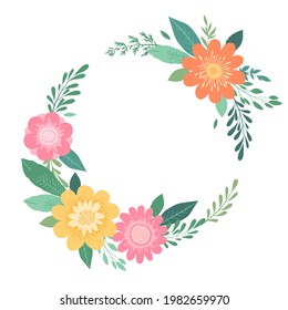 Vector illustration with round wreath from hand drawn colorful flowers, branches and leaves isolated on white background. Floral design template for wedding invitation, card, brochure