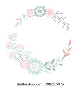 Ilustración vectorial con correa redonda de flores coloridas dibujadas a mano, ramas y hojas aisladas en fondo blanco. Plantilla de diseño floral para tarjeta, invitación de boda, folleto