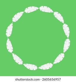 Vector illustration of a round wreath made of white banana leaves in a hand-drawn line style on a green background. 