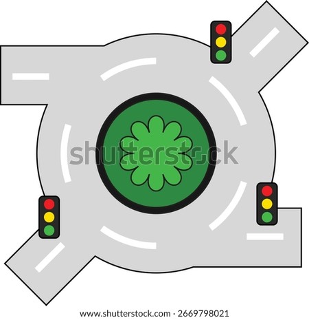 Vector illustration of a roundabout with traffic lights and road markings. The design features a circular intersection with a green center island, multiple entry and exit roads.