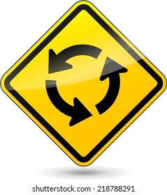 Vector illustration of roundabout yellow sign on white background
