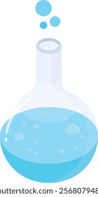 Vector illustration of a round-bottom flask filled with a blue liquid and bubbles. Ideal for chemistry, science, laboratory, and education-related designs.