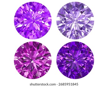 Ilustración vectorial de una piedra preciosa de corte redondo, que se asemeja específicamente a un diamante púrpura o amatista. Cuenta con intrincadas facetas geométricas que crean un efecto 3D realista