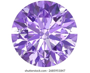 Ilustración vectorial de una piedra preciosa de corte redondo, que se asemeja específicamente a un diamante púrpura o amatista. Cuenta con intrincadas facetas geométricas que crean un efecto 3D realista