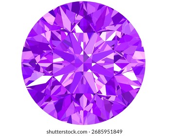 vector illustration of a round-cut gemstone, specifically resembling a purple diamond or amethyst. It features intricate geometric facets that create a realistic 3D effect