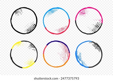 Vector illustration. Rounded abstract frame set with dots. Design for social media template, blog post. Circle banner halftone overlay. Retro vintage background collection. Faded pop art style