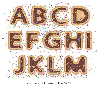vector illustration of rounded font alphabet with bakery cookie and sprinkles topping stars, dots and lines