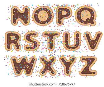 vector illustration of rounded font alphabet with bakery cookie and sprinkles topping stars, dots and lines