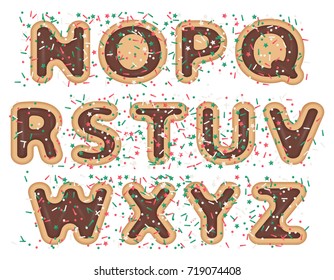vector illustration of rounded font alphabet with bakery cookie and sprinkles topping stars, dots and lines