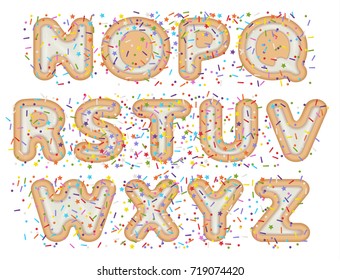 vector illustration of rounded font alphabet with bakery cookie and sprinkles topping stars, dots and lines