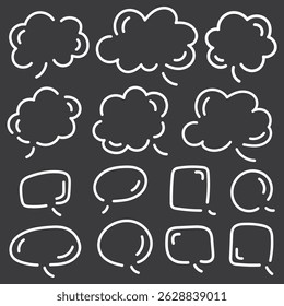 Vector illustration of rounded hand-drawn speech bubbles with white outlines on a dark background. Includes soft, cartoon-style shapes. Ideal for comics, chalkboard visuals, UI, and social media.