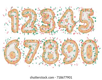 vector illustration of rounded numeral sign with bakery cookie and sprinkles topping stars, dots and lines