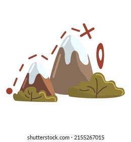 Vector illustration of a route with mountains. Illustration of two mountains with snowy peaks, bushes, markings, isolated on a white background in cartoon style