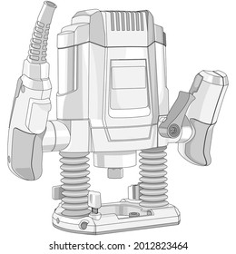 Vector illustration of router on white background for logotype, banner, tag. A power tool with a shaped cutter, used in carpentry. Professional power tools for home, construction and finishing work.