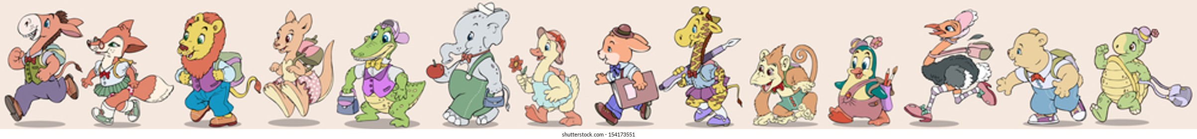 Vector illustration, row of animals going to school, cartoon concept.