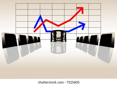 vector illustration of row of arm-chairs at a table in the hall of meetings