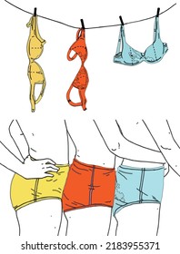  Vector illustration of a row of girls in shorts and bras hanging on a rope
