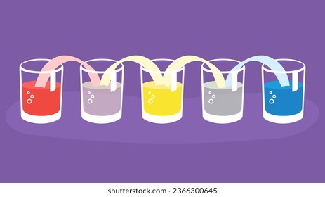 Vector illustration of a row of glasses with drinks on a purple background
