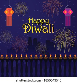 Vector Illustration Row of Lighten Oil Lamp Diya on Railing of Traditional Indian Decorative Window, Night Sky view with Fireworks for Festival of Lights, Shubh Dipawali aka Happy Diwali with Wishes.
