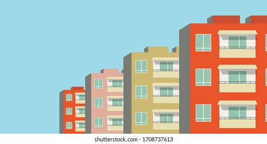 Vector illustration of row of modern multicolored multistory high-rise residential apartment building houses. Front view with windows balconies with roof on sunny day. Real estate rental concept