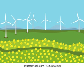 Ilustración vectorial de la hilera de turbinas eólicas en el campo en un valle de montaña cubierto de flores de hierba verde sobre fondo cielo azul. fuente de energía alternativa renovable, concepto de medio ambiente sostenible.