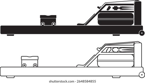 Vector illustration of a rowing machine in side view. Includes two styles: solid silhouette and outline stroke version. Perfect for use as a web icon, fitness app element, UI UX component, or infograp