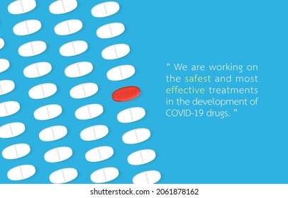 Vector illustration of rows of COVID-19 red pills,many white pills flat lay, top view, sample text, copy space, design template on blue background, Developing Coronavirus Drugs Accessible to Everyone.