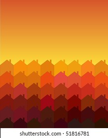 A vector illustration of rows of houses with space for text. Warm shades suggesting sunrise/sunset. Tessellation style.