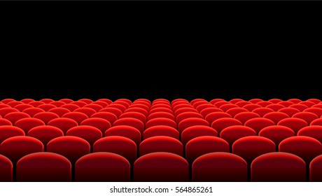 Vector illustration of Rows of red velvet seats of a dark cinema or theater hall