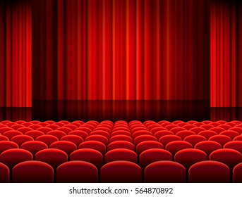 Vector illustration of Rows of red velvet seats of a dark cinema or theater hall 