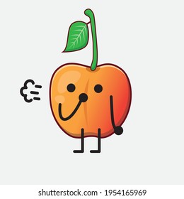 Vector Illustration of Royal Ann Cherry Character with cute face, simple hands and leg line art on Isolated Background. Flat cartoon doodle style.