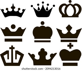 Vector illustration for the royal crown. Badges. The concept of royalty. A set of nine graceful crowns.