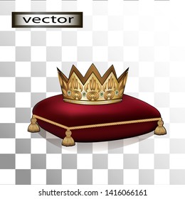 Vector illustration of Royal gold crown with precious stones on red velvet cushion