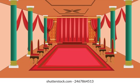 Ilustración vectorial del salón de baile del palacio real. Diseño interior del palacio de los Reyes Indios. Diseño de fondo de la sala de audiencias de los reyes para animación de dibujos animados