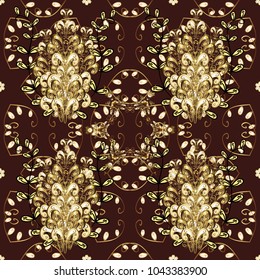 Vector illustration. Royal retro on brown, yellow and beige colors. Design vintage for card, wallpaper, wrapping, textile. Floral classic texture. Gold template. Seamless pattern golden elements.