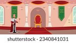 Vector illustration of a royal room in cartoon style. The king goes to his throne through a magnificent castle. Royal possessions.