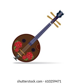 Vector illustration of ruan, traditional chinese plucked string musical instrument isolated on white background. Ruan decorated with chinese peonies, flat style design.