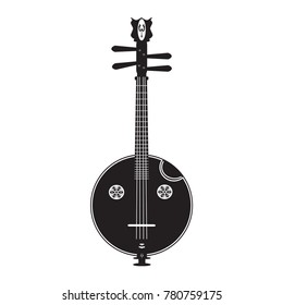 Vector illustration of ruan, traditional chinese plucked string musical instrument isolated on white background. Black and white flat style design.