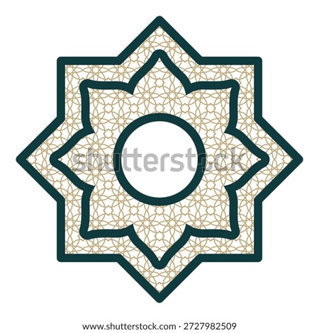 Vector illustration of Rub el Hizb octagram with circular center hole, designed in beige and green tones with traditional Islamic ornament, ideal for religious, cultural, decorative design projects.