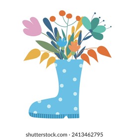 Vector illustration of a rubber boot with a bouquet of flowers.
