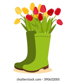 Vector illustration with rubber boot in flat style. Vector tulip isolated on white background 