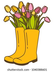 Vector illustration with rubber boot in line style. Vector tulip isolated on white background