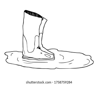 Vector illustration rubber boots in a puddle isolated white background. Outline picture, autumn items. Children coloring.